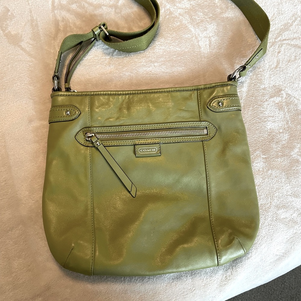Olive colored leather Coach shoulder bag.